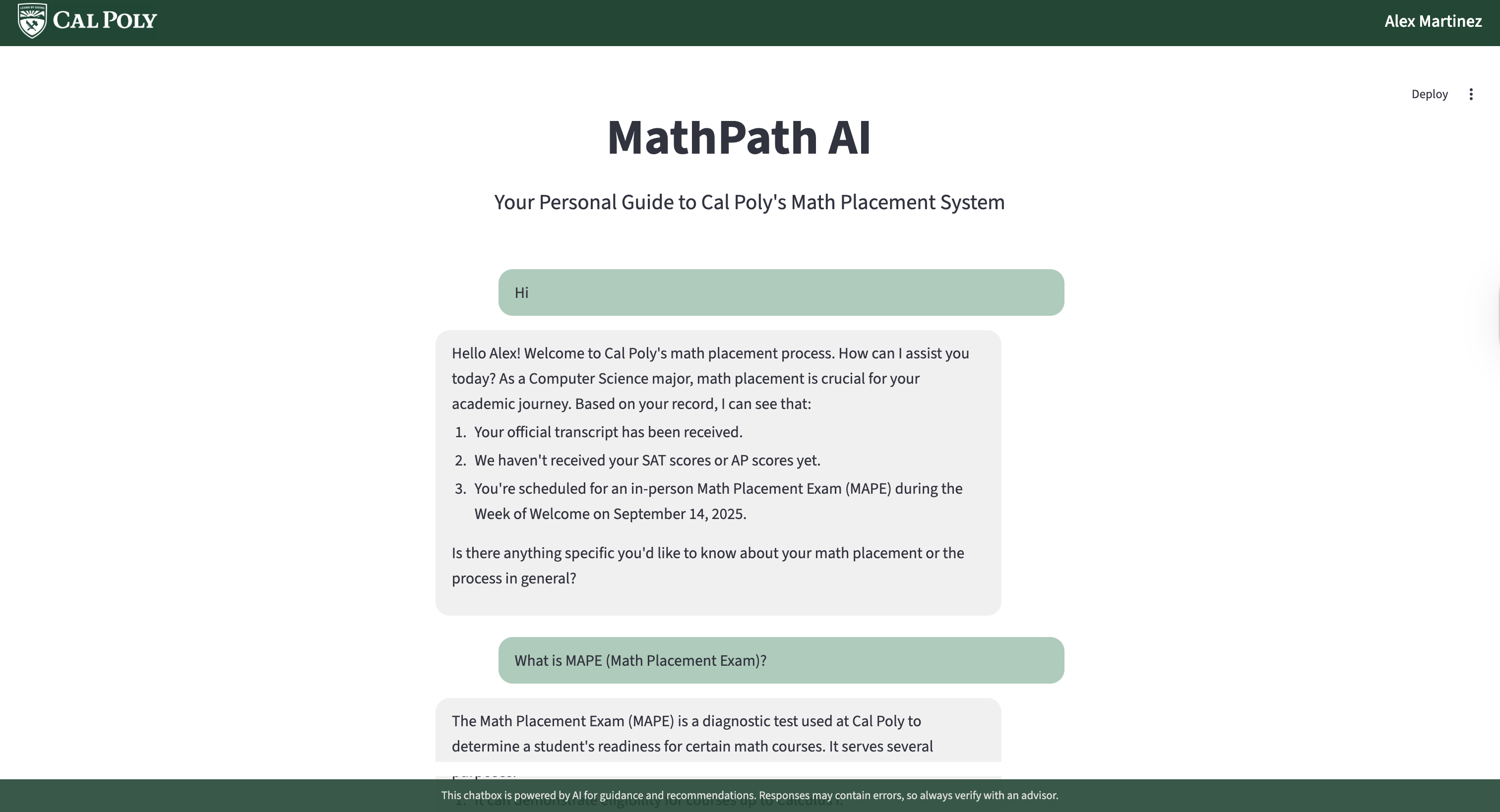 MathPath AI – Cal Poly Math Placement Assistant